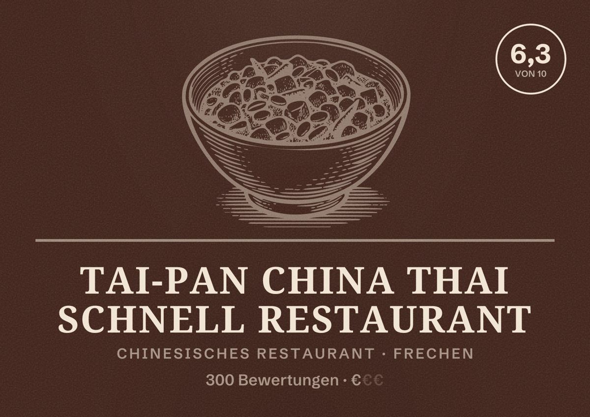 Illustriertes Poster von Tai-Pan China Thai Schnell Restaurant, Chinesisches Restaurant in Frechen: Bewertung 6,3 von 10 aus 300 Bewertungen, Preisniveau €