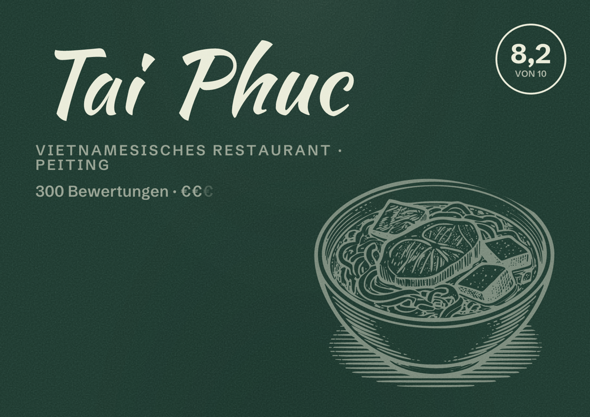 Illustriertes Poster von Tai Phuc, Vietnamesisches Restaurant in Peiting: Bewertung 8,2 von 10 aus 300 Bewertungen, Preisniveau €€