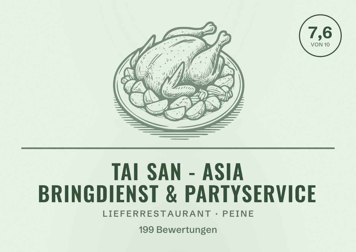 Illustriertes Poster von Tai San - Asia Bringdienst & Partyservice, Lieferrestaurant in Peine: Bewertung 7,6 von 10 aus 199 Bewertungen