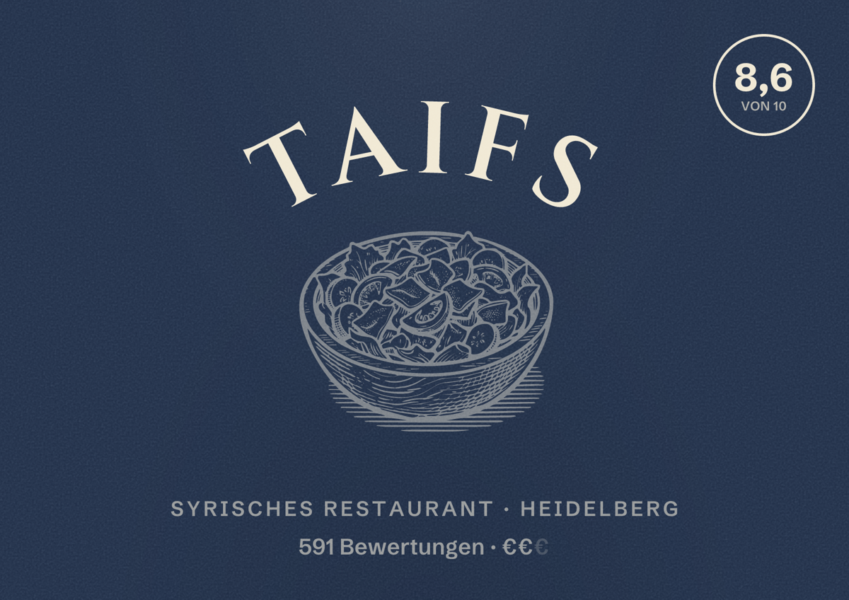 Illustriertes Poster von Taifs, Syrisches Restaurant in Heidelberg: Bewertung 8,6 von 10 aus 591 Bewertungen, Preisniveau €€