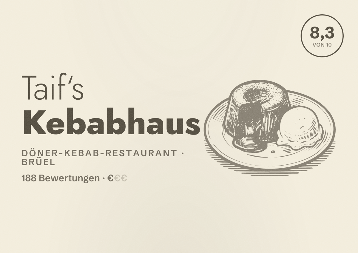 Illustriertes Poster von Taif‘s Kebabhaus, Döner-Kebab-Restaurant in Brüel: Bewertung 8,3 von 10 aus 188 Bewertungen, Preisniveau €
