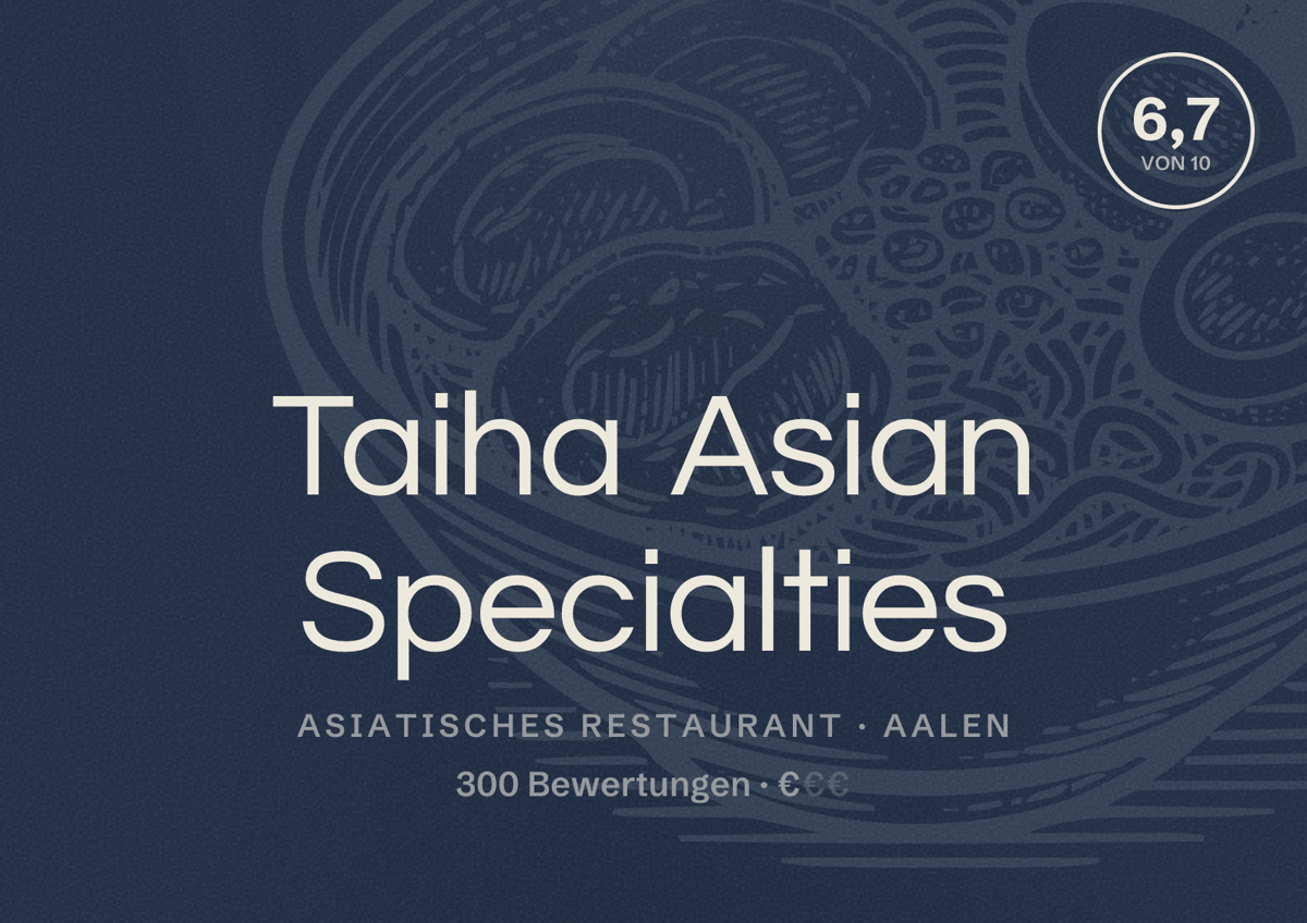 Illustriertes Poster von Taiha Asian Specialties, Asiatisches Restaurant in Aalen: Bewertung 6,7 von 10 aus 300 Bewertungen, Preisniveau €