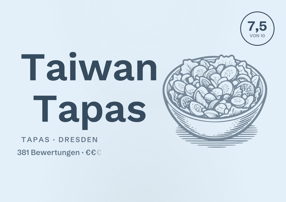 Illustriertes Poster von Taiwan Tapas, Tapas in Dresden: Bewertung 7,5 von 10 aus 381 Bewertungen, Preisniveau €€