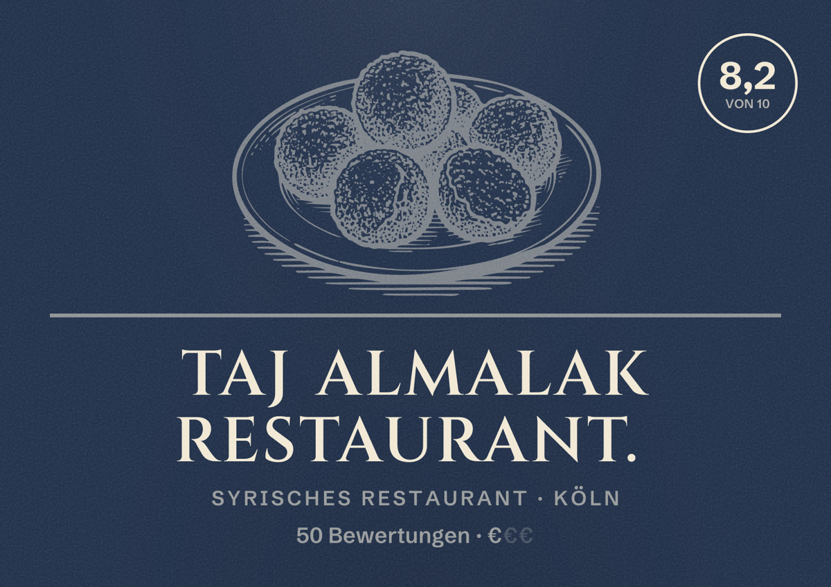 Illustriertes Poster von Taj Almalak Restaurant., Syrisches Restaurant in Köln: Bewertung 8,2 von 10 aus 50 Bewertungen, Preisniveau €