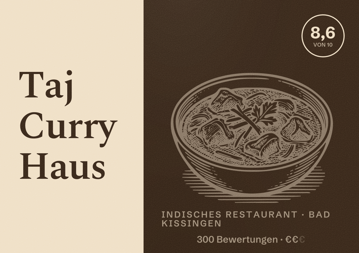 Illustriertes Poster von Taj Curry Haus, Indisches Restaurant in Bad Kissingen: Bewertung 8,6 von 10 aus 300 Bewertungen, Preisniveau €€