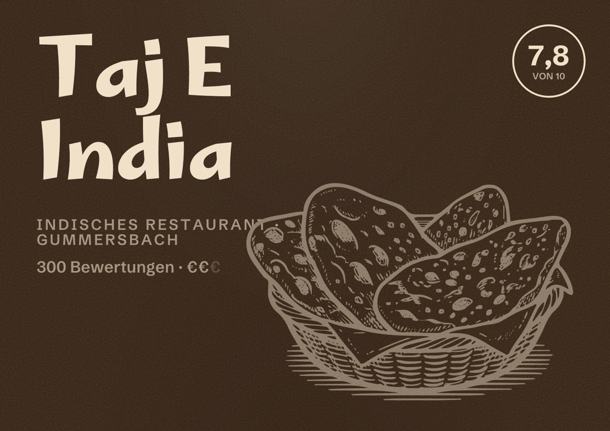 Illustriertes Poster von Taj E India, Indisches Restaurant in Gummersbach: Bewertung 7,8 von 10 aus 300 Bewertungen, Preisniveau €€