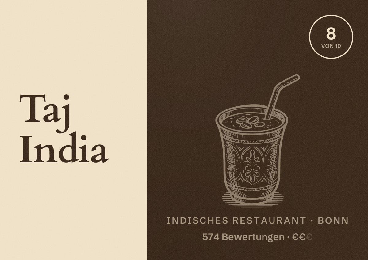 Illustriertes Poster von Taj India, Indisches Restaurant in Bonn: Bewertung 8 von 10 aus 574 Bewertungen, Preisniveau €€