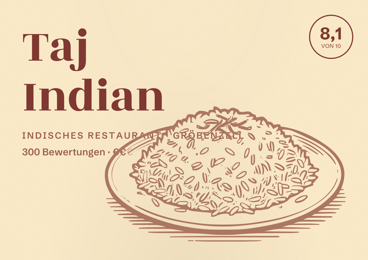 Illustriertes Poster von Taj Indian, Indisches Restaurant in Gröbenzell: Bewertung 8,1 von 10 aus 300 Bewertungen, Preisniveau €€