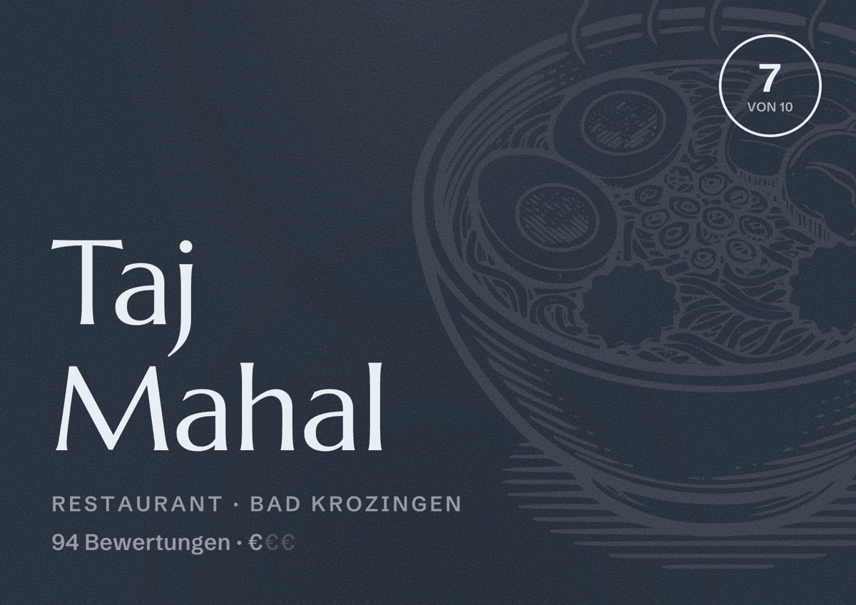 Illustriertes Poster von Taj Mahal, Restaurant in Bad Krozingen: Bewertung 7 von 10 aus 94 Bewertungen, Preisniveau €