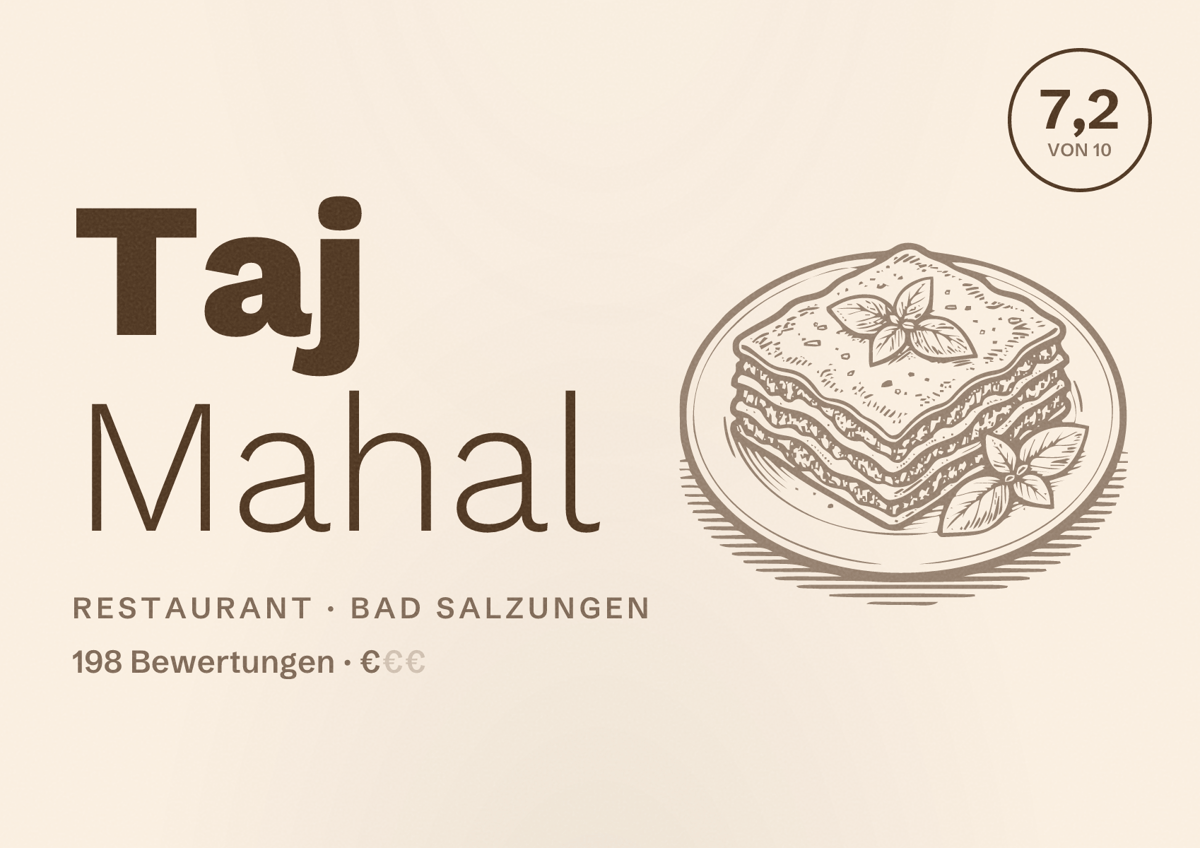 Illustriertes Poster von Taj Mahal, Restaurant in Bad Salzungen: Bewertung 7,2 von 10 aus 198 Bewertungen, Preisniveau €