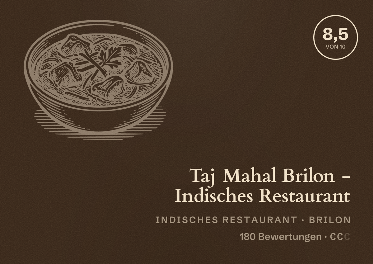 Illustriertes Poster von Taj Mahal Brilon - Indisches Restaurant, Indisches Restaurant in Brilon: Bewertung 8,5 von 10 aus 180 Bewertungen, Preisniveau €€