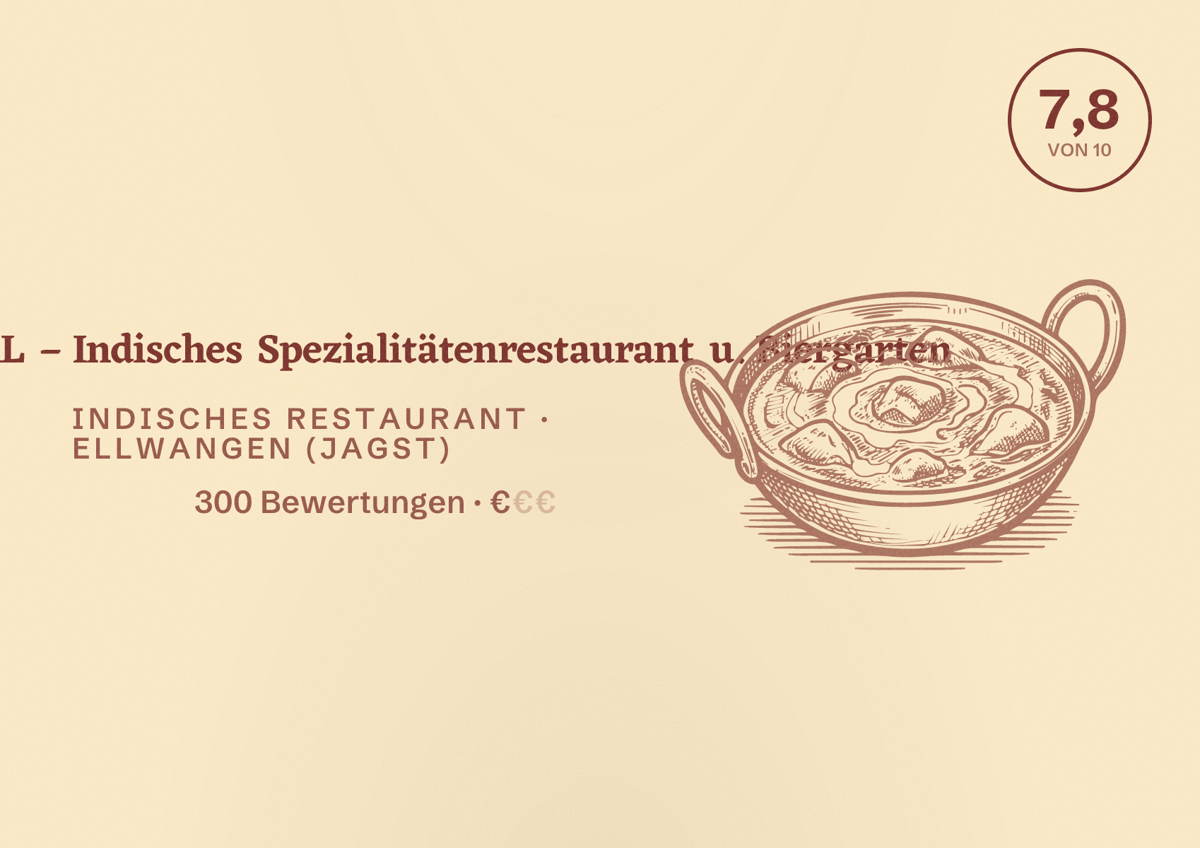 Illustriertes Poster von TAJ MAHAL – Indisches Spezialitätenrestaurant u. Biergarten, Indisches Restaurant in Ellwangen (Jagst): Bewertung 7,8 von 10 aus 300 Bewertungen, Preisniveau €