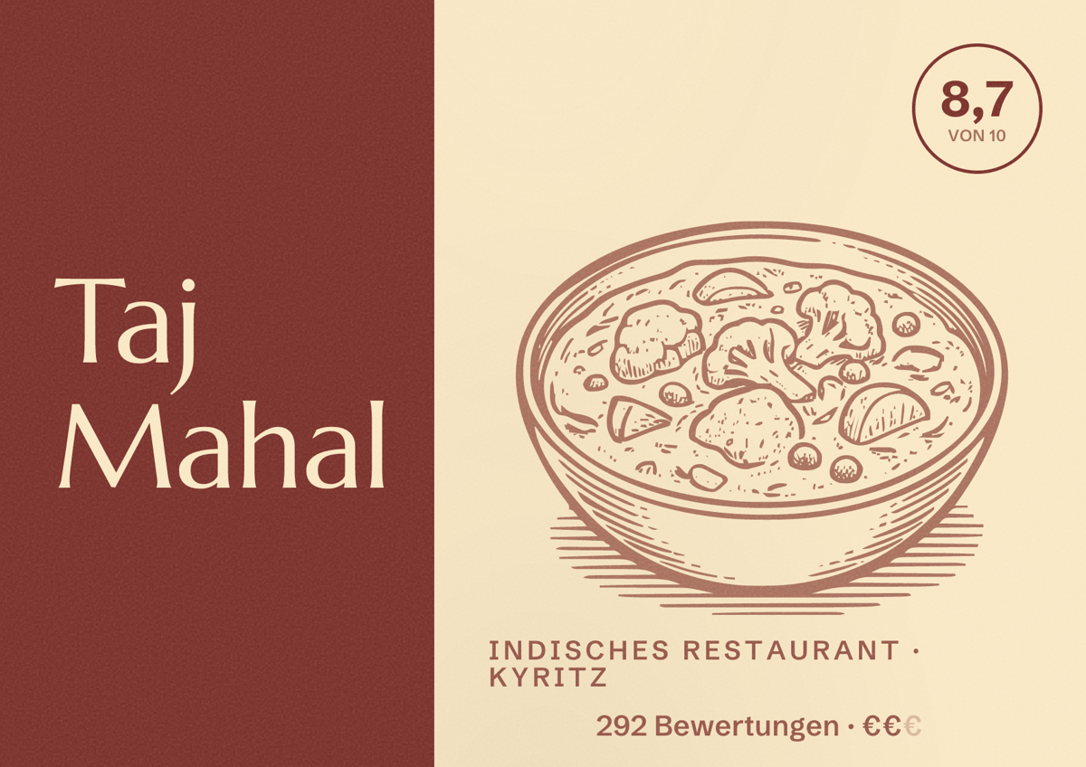Illustriertes Poster von Taj Mahal, Indisches Restaurant in Kyritz: Bewertung 8,7 von 10 aus 292 Bewertungen, Preisniveau €€