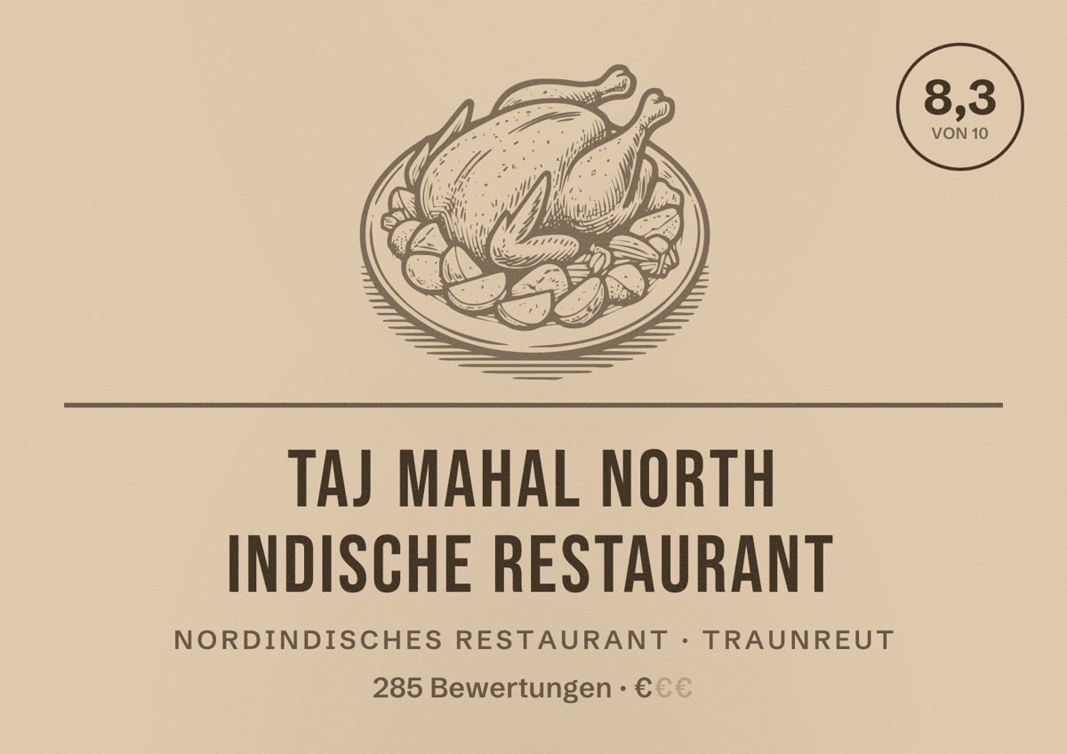 Illustriertes Poster von Taj Mahal North indische Restaurant, Nordindisches Restaurant in Traunreut: Bewertung 8,3 von 10 aus 285 Bewertungen, Preisniveau €