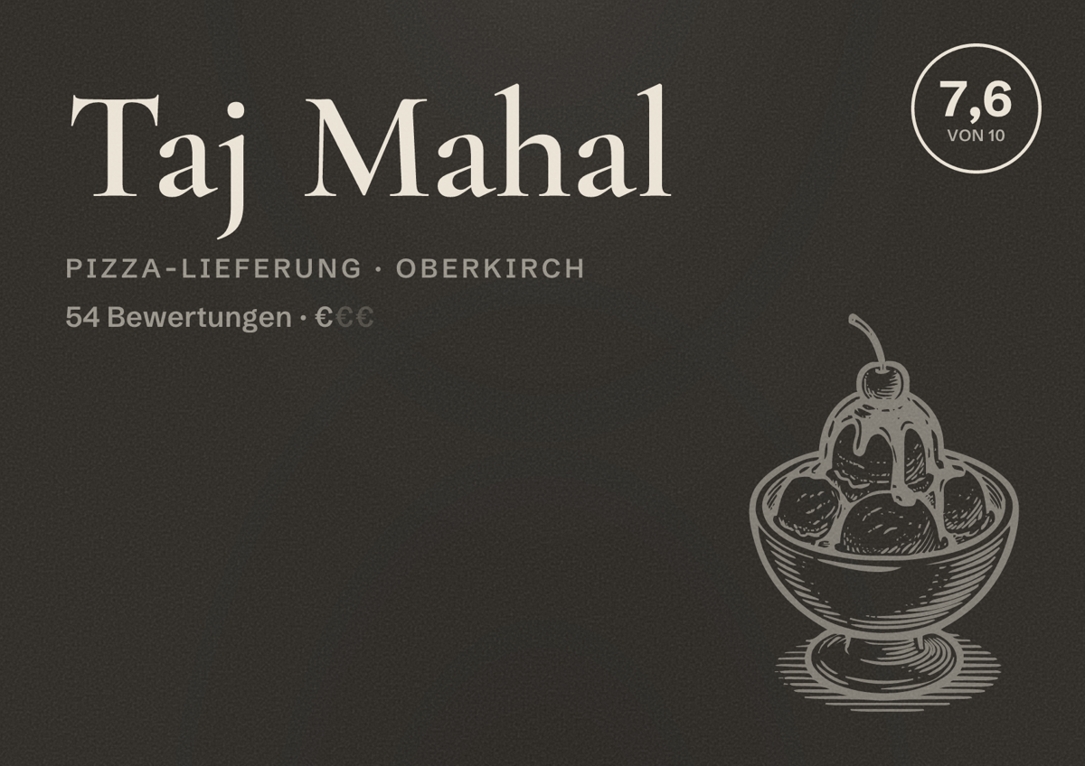 Illustriertes Poster von Taj Mahal, Pizza-Lieferung in Oberkirch: Bewertung 7,6 von 10 aus 54 Bewertungen, Preisniveau €