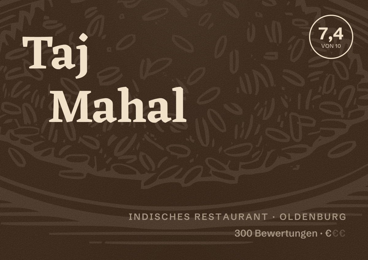 Illustriertes Poster von Taj Mahal, Indisches Restaurant in Oldenburg: Bewertung 7,4 von 10 aus 300 Bewertungen, Preisniveau €