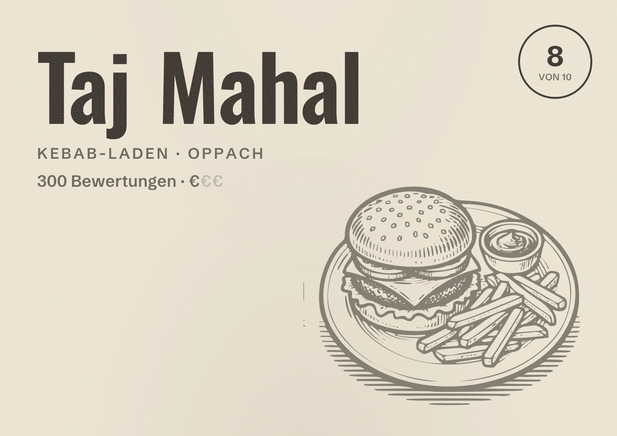 Illustriertes Poster von Taj Mahal, Kebab-Laden in Oppach: Bewertung 8 von 10 aus 300 Bewertungen, Preisniveau €