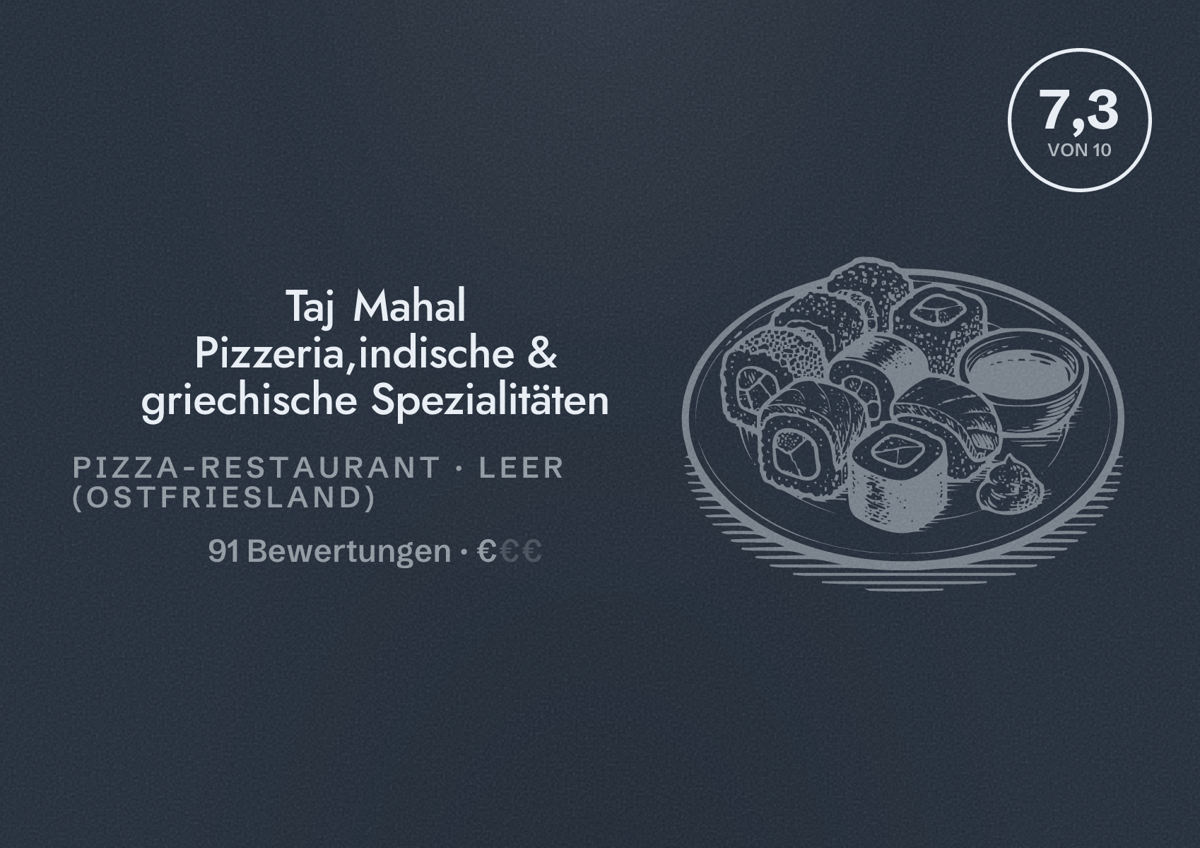 Illustriertes Poster von Taj Mahal Pizzeria,indische & griechische Spezialitäten, Pizza-Restaurant in Leer (Ostfriesland): Bewertung 7,3 von 10 aus 91 Bewertungen, Preisniveau €