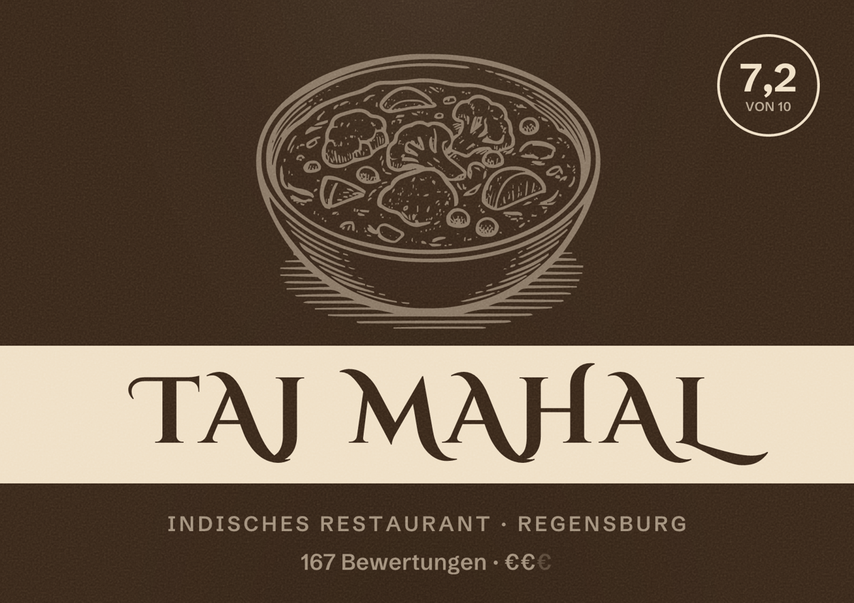 Illustriertes Poster von Taj Mahal, Indisches Restaurant in Regensburg: Bewertung 7,2 von 10 aus 167 Bewertungen, Preisniveau €€