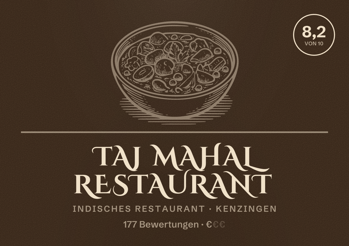 Illustriertes Poster von Taj Mahal Restaurant, Indisches Restaurant in Kenzingen: Bewertung 8,2 von 10 aus 177 Bewertungen, Preisniveau €