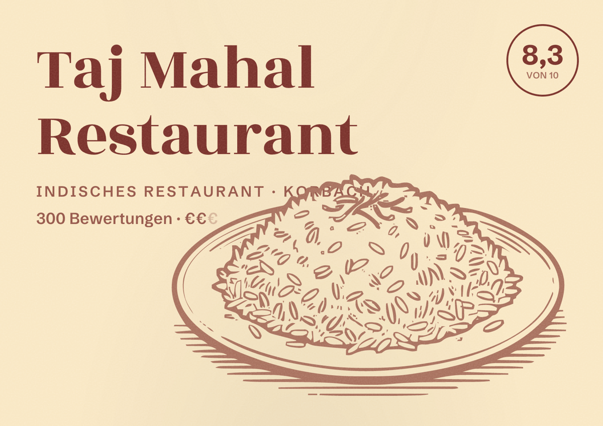 Illustriertes Poster von Taj Mahal Restaurant, Indisches Restaurant in Korbach: Bewertung 8,3 von 10 aus 300 Bewertungen, Preisniveau €€