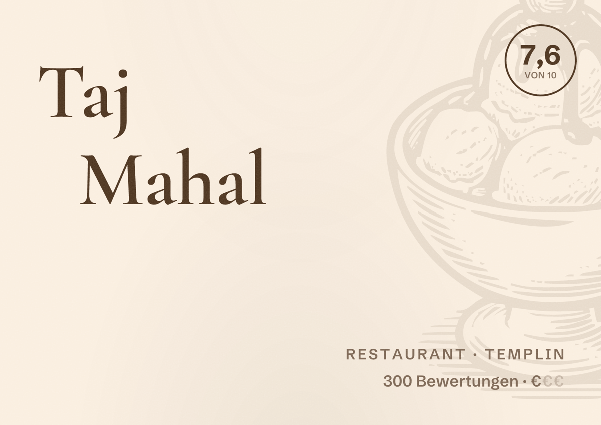Illustriertes Poster von Taj Mahal, Restaurant in Templin: Bewertung 7,6 von 10 aus 300 Bewertungen, Preisniveau €