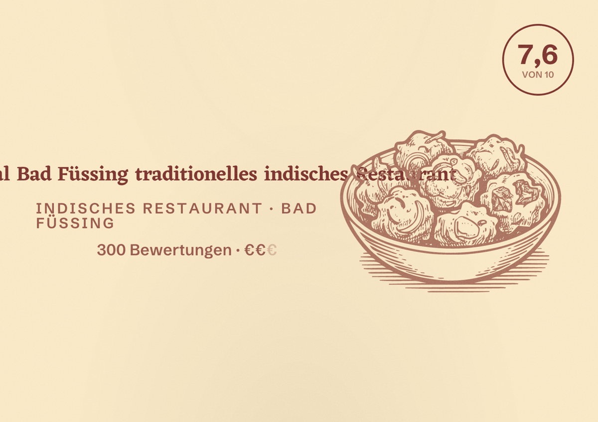 Illustriertes Poster von Taj Mahal Bad Füssing traditionelles indisches Restaurant, Indisches Restaurant in Bad Füssing: Bewertung 7,6 von 10 aus 300 Bewertungen, Preisniveau €€