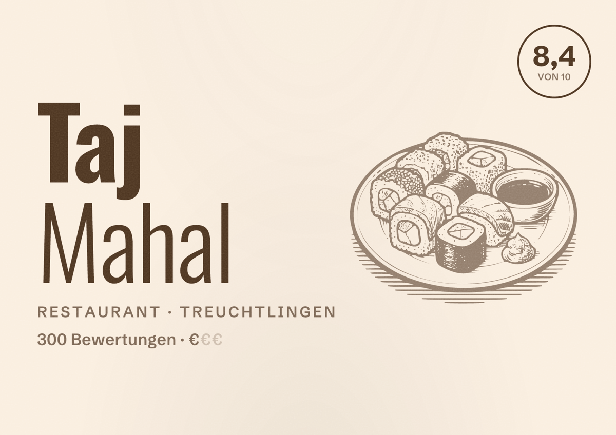 Illustriertes Poster von Taj Mahal, Restaurant in Treuchtlingen: Bewertung 8,4 von 10 aus 300 Bewertungen, Preisniveau €