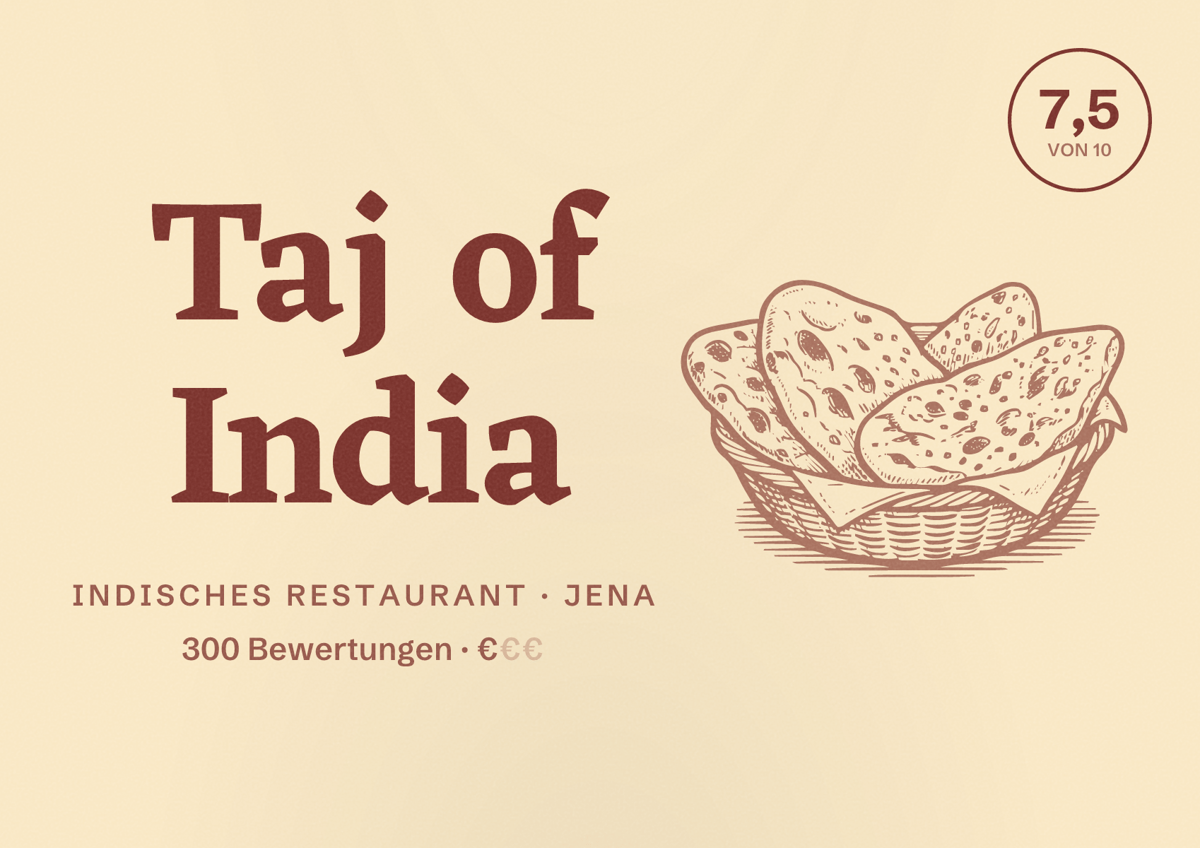Illustriertes Poster von Taj of India, Indisches Restaurant in Jena: Bewertung 7,5 von 10 aus 300 Bewertungen, Preisniveau €