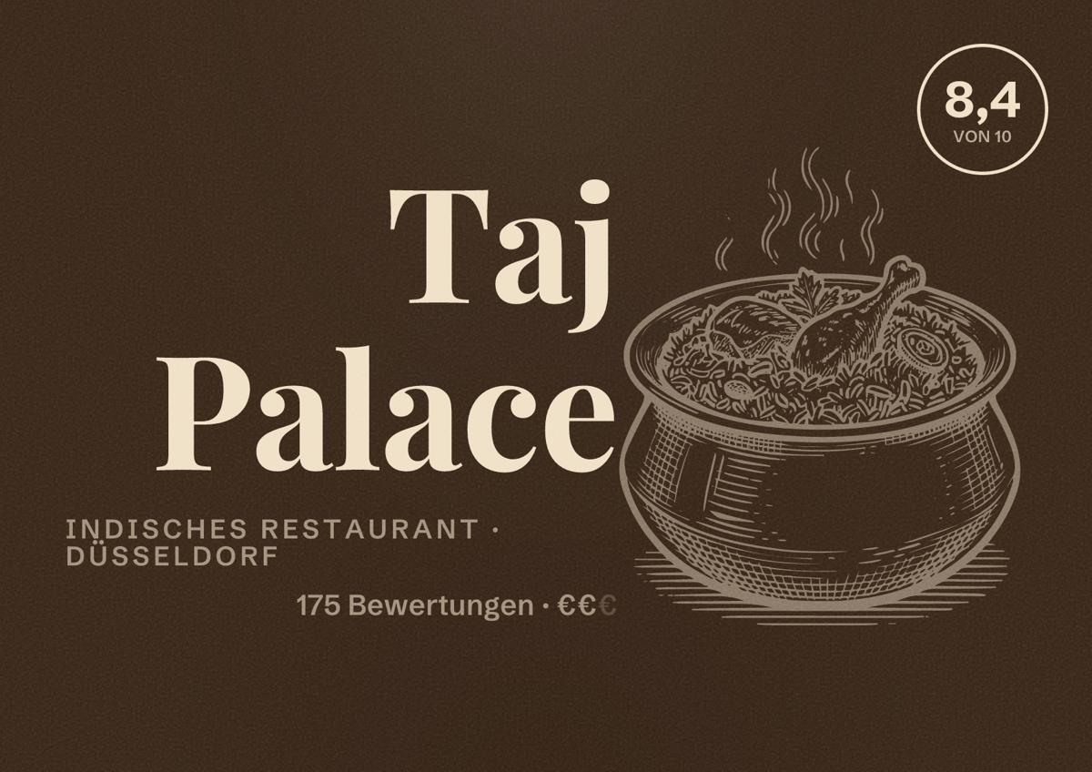 Illustriertes Poster von Taj Palace, Indisches Restaurant in Düsseldorf: Bewertung 8,4 von 10 aus 175 Bewertungen, Preisniveau €€