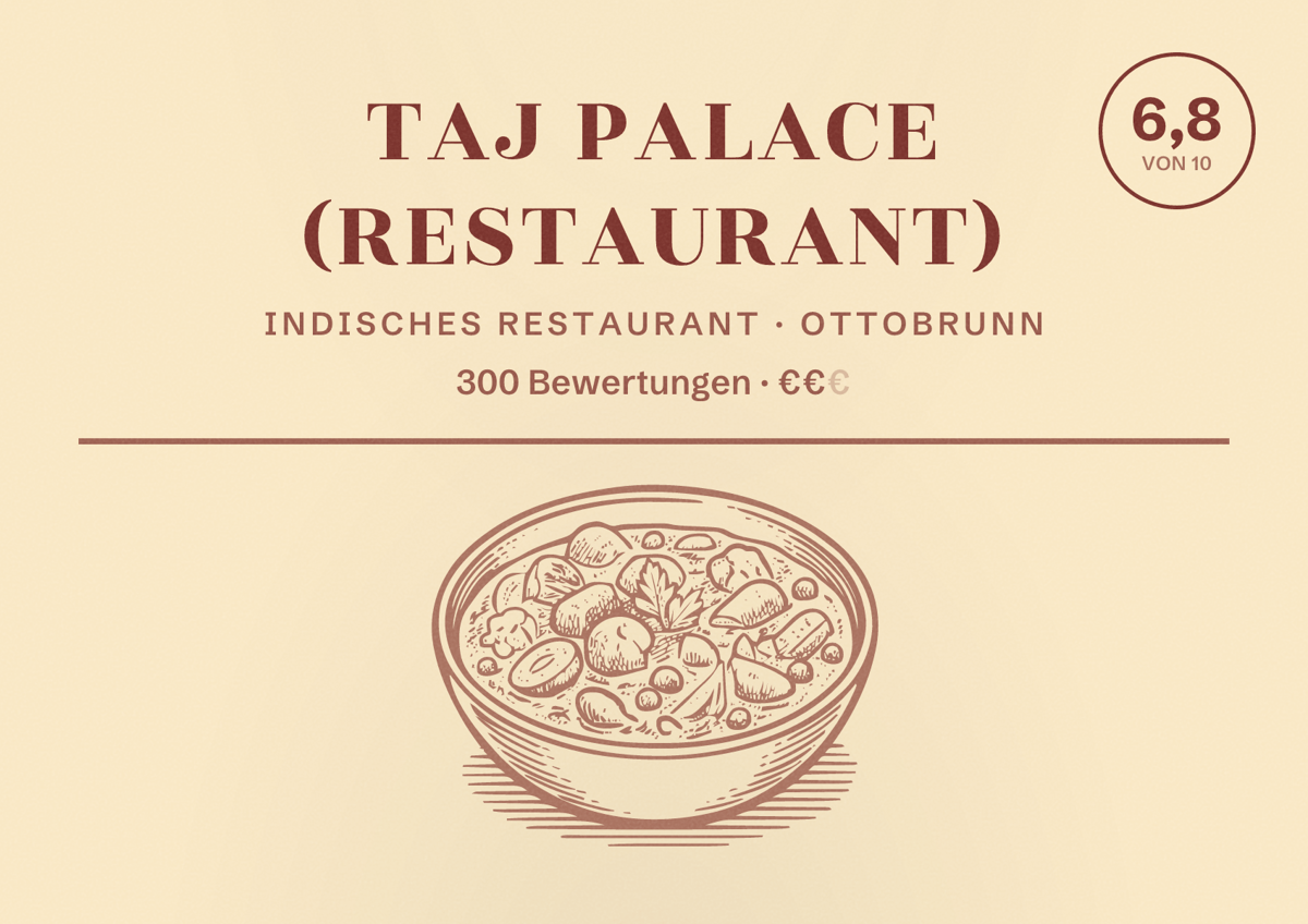Illustriertes Poster von Taj Palace (Restaurant), Indisches Restaurant in Ottobrunn: Bewertung 6,8 von 10 aus 300 Bewertungen, Preisniveau €€
