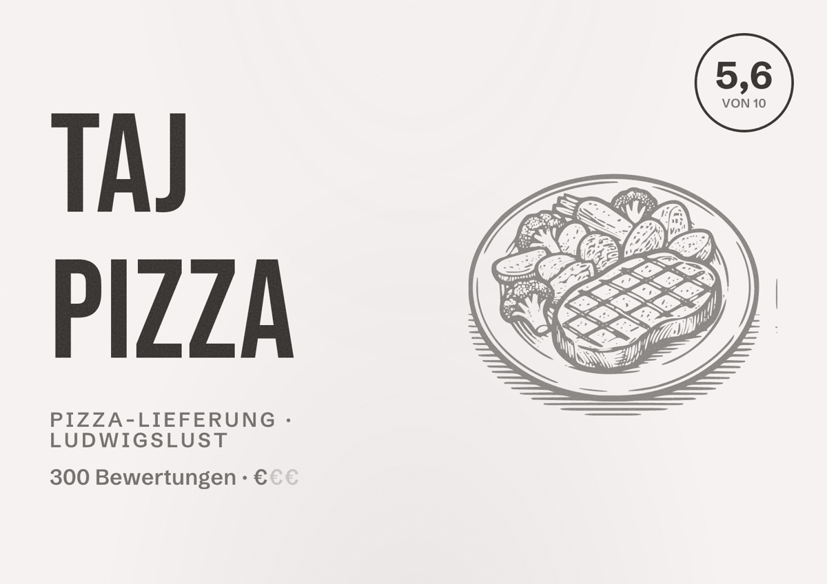 Illustriertes Poster von Taj Pizza, Pizza-Lieferung in Ludwigslust: Bewertung 5,6 von 10 aus 300 Bewertungen, Preisniveau €