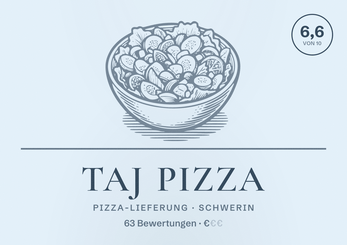 Illustriertes Poster von Taj Pizza, Pizza-Lieferung in Schwerin: Bewertung 6,6 von 10 aus 63 Bewertungen, Preisniveau €