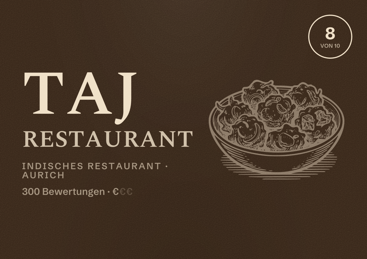 Illustriertes Poster von Taj Restaurant, Indisches Restaurant in Aurich: Bewertung 8 von 10 aus 300 Bewertungen, Preisniveau €