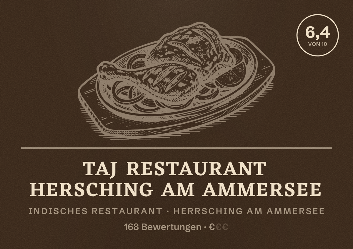 Illustriertes Poster von Taj Restaurant Hersching am Ammersee, Indisches Restaurant in Herrsching am Ammersee: Bewertung 6,4 von 10 aus 168 Bewertungen, Preisniveau €