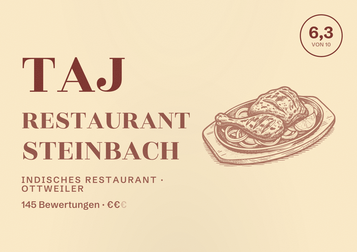 Illustriertes Poster von Taj Restaurant Steinbach, Indisches Restaurant in Ottweiler: Bewertung 6,3 von 10 aus 145 Bewertungen, Preisniveau €€