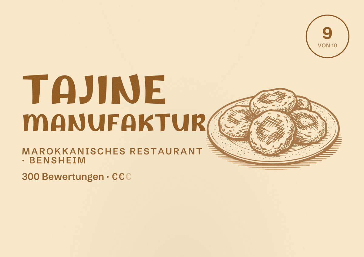 Illustriertes Poster von Tajine Manufaktur, Marokkanisches Restaurant in Bensheim: Bewertung 9 von 10 aus 300 Bewertungen, Preisniveau €€