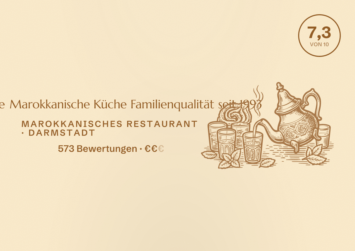 Illustriertes Poster von Tajinerie Marokkanische Küche Familienqualität seit 1993, Marokkanisches Restaurant in Darmstadt: Bewertung 7,3 von 10 aus 573 Bewertungen, Preisniveau €€