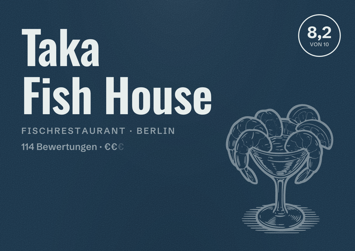 Illustriertes Poster von Taka Fish House, Fischrestaurant in Berlin: Bewertung 8,2 von 10 aus 114 Bewertungen, Preisniveau €€