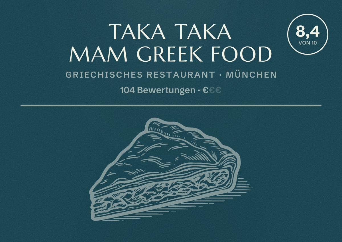 Illustriertes Poster von Taka Taka Mam Greek Food, Griechisches Restaurant in München: Bewertung 8,4 von 10 aus 104 Bewertungen, Preisniveau €