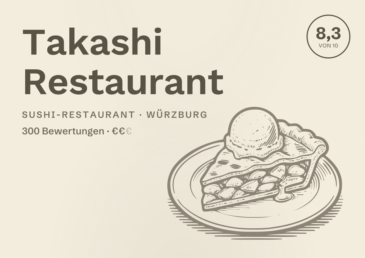 Illustriertes Poster von Takashi Restaurant, Sushi-Restaurant in Würzburg: Bewertung 8,3 von 10 aus 300 Bewertungen, Preisniveau €€