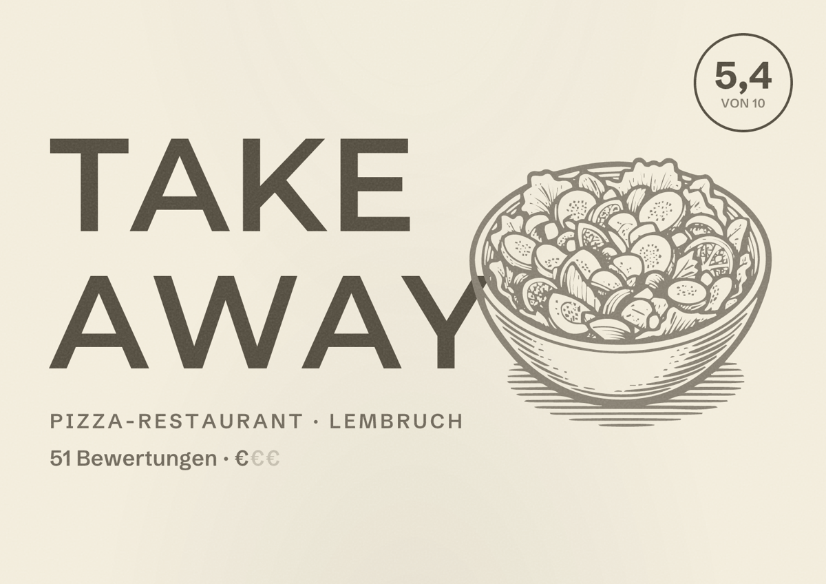 Illustriertes Poster von Take Away, Pizza-Restaurant in Lembruch: Bewertung 5,4 von 10 aus 51 Bewertungen, Preisniveau €