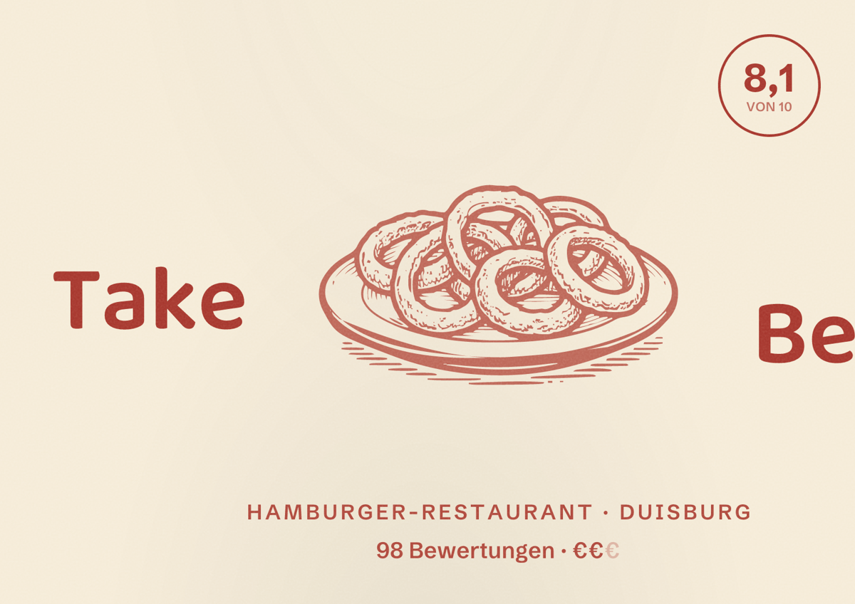 Illustriertes Poster von Take Beef, Hamburger-Restaurant in Duisburg: Bewertung 8,1 von 10 aus 98 Bewertungen, Preisniveau €€