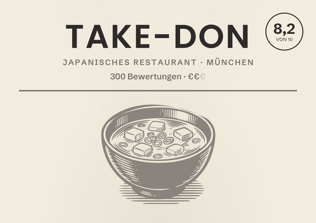 Illustriertes Poster von Take-Don, Japanisches Restaurant in München: Bewertung 8,2 von 10 aus 300 Bewertungen, Preisniveau €€