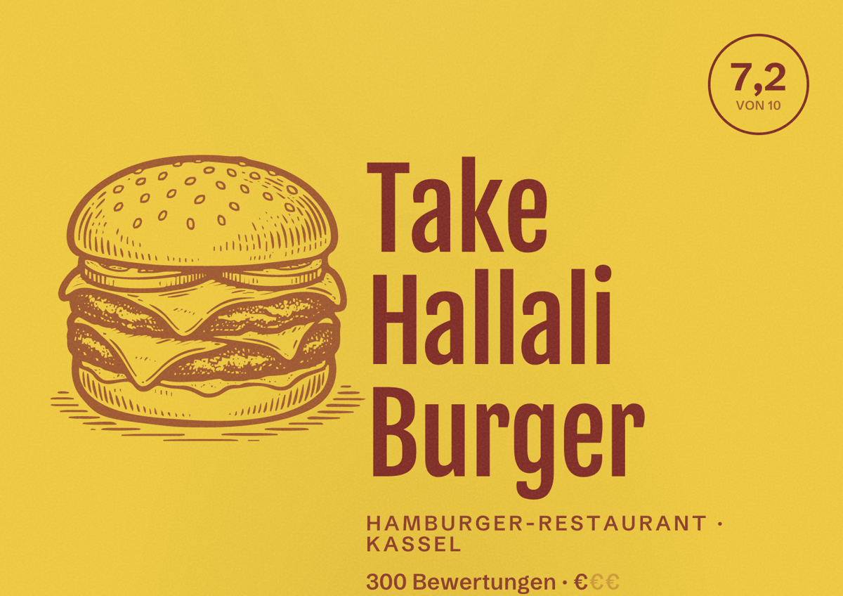 Illustriertes Poster von Take Hallali Burger, Hamburger-Restaurant in Kassel: Bewertung 7,2 von 10 aus 300 Bewertungen, Preisniveau €