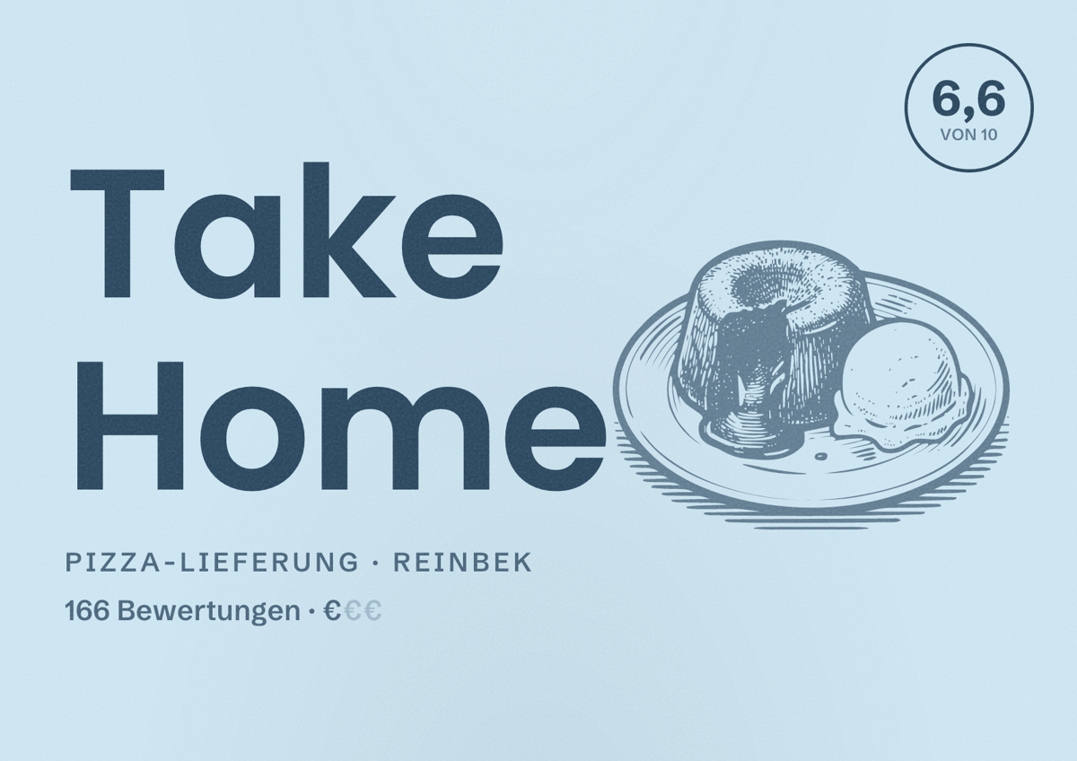 Illustriertes Poster von Take Home, Pizza-Lieferung in Reinbek: Bewertung 6,6 von 10 aus 166 Bewertungen, Preisniveau €