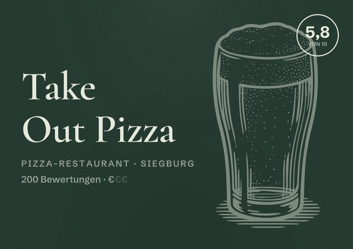 Illustriertes Poster von Take Out Pizza, Pizza-Restaurant in Siegburg: Bewertung 5,8 von 10 aus 200 Bewertungen, Preisniveau €