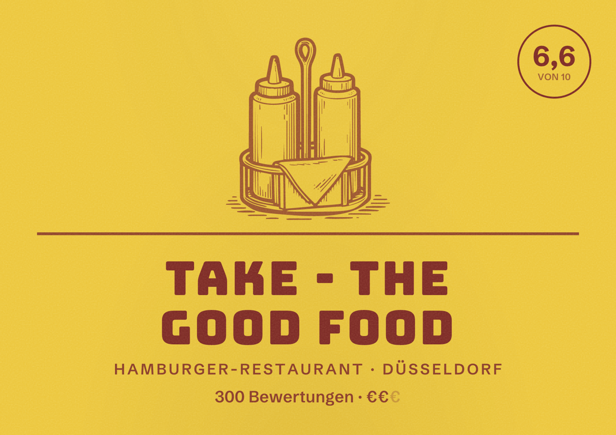 Illustriertes Poster von TAKE - THE GOOD FOOD, Hamburger-Restaurant in Düsseldorf: Bewertung 6,6 von 10 aus 300 Bewertungen, Preisniveau €€