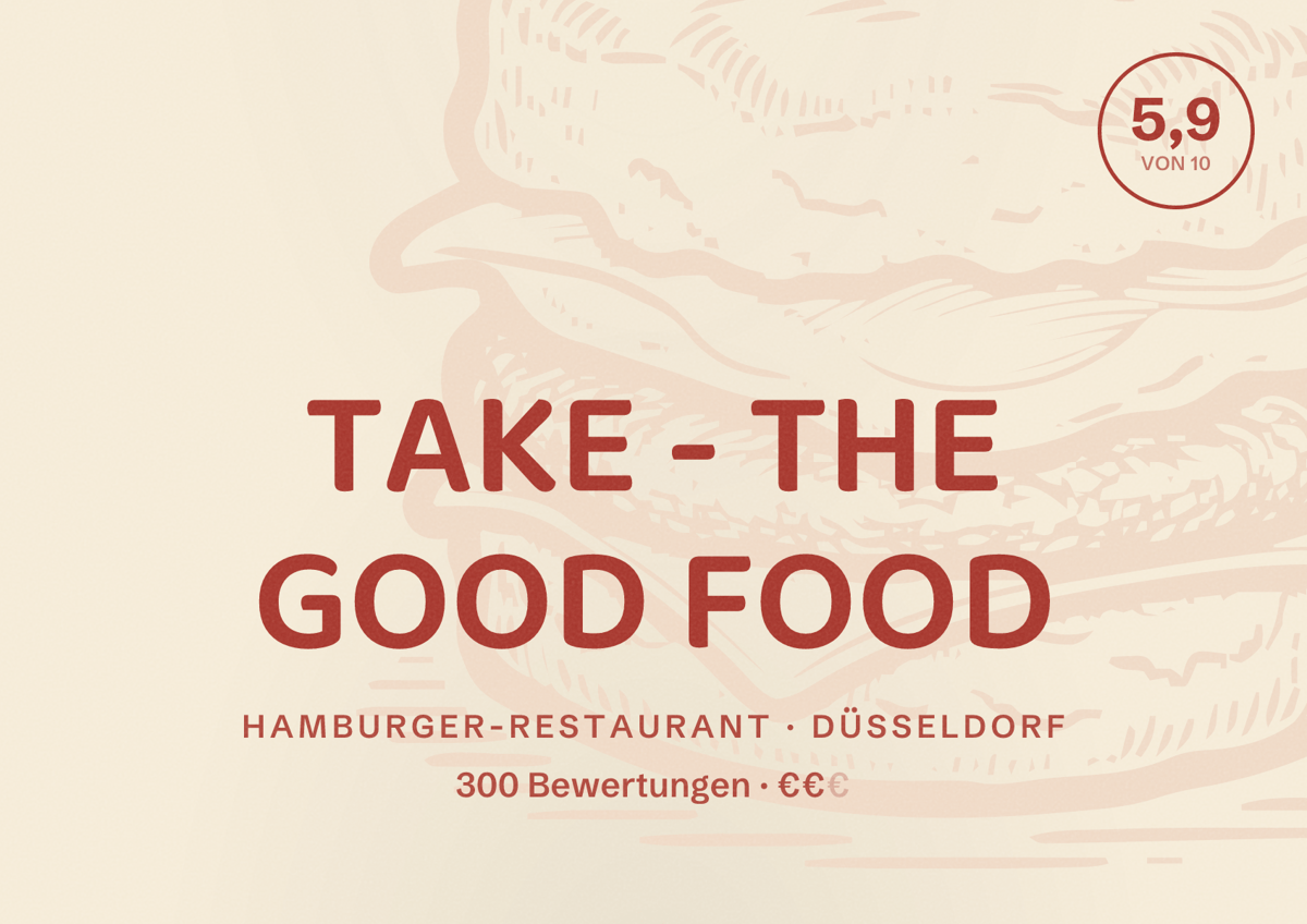 Illustriertes Poster von TAKE - THE GOOD FOOD, Hamburger-Restaurant in Düsseldorf: Bewertung 5,9 von 10 aus 300 Bewertungen, Preisniveau €€