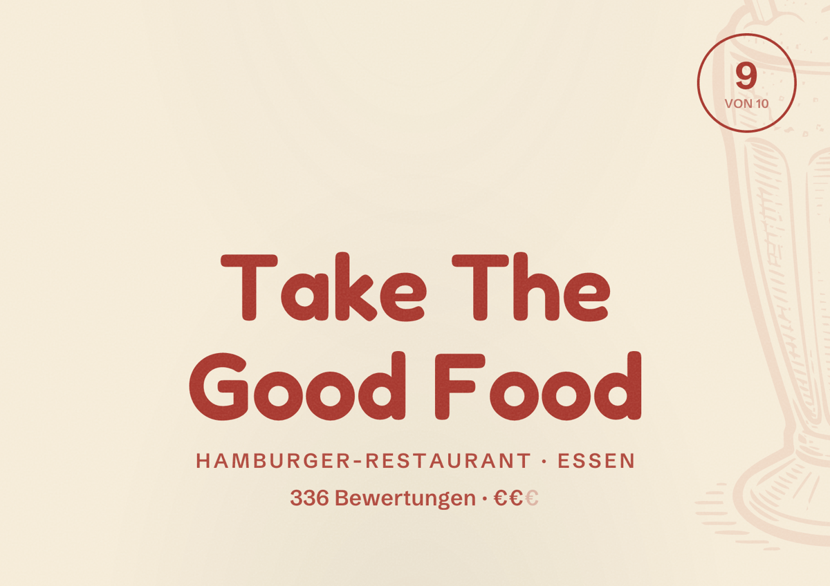 Illustriertes Poster von Take The Good Food, Hamburger-Restaurant in Essen: Bewertung 9 von 10 aus 336 Bewertungen, Preisniveau €€